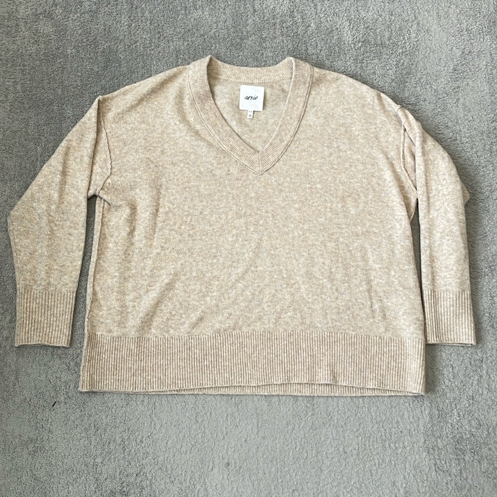 EC Aerie Light Brown V-Neck Oversize Sweater - Size M